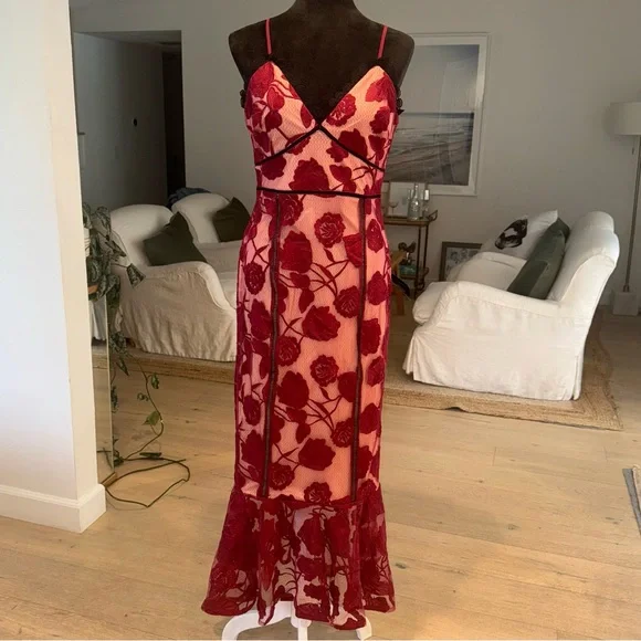 Lulus Alluring Dream Burgundy Floral Mesh Lace Trumpet Midi Dress Red - Size M - Picture 1 of 10